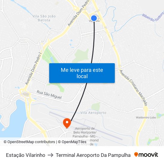 Estação Vilarinho to Terminal Aeroporto Da Pampulha map