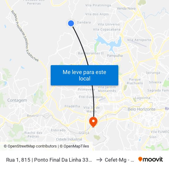 Rua 1, 815 | Ponto Final Da Linha 3302-A No Nova Pampulha to Cefet-Mg - Campus II map