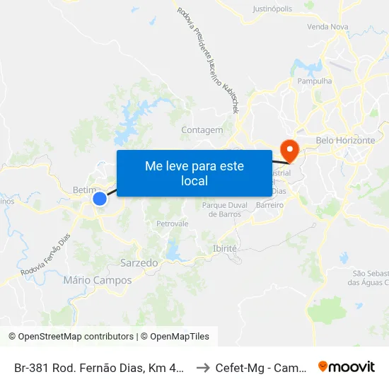 Br-381 Rod. Fernão Dias, Km 494,8 Sul to Cefet-Mg - Campus II map