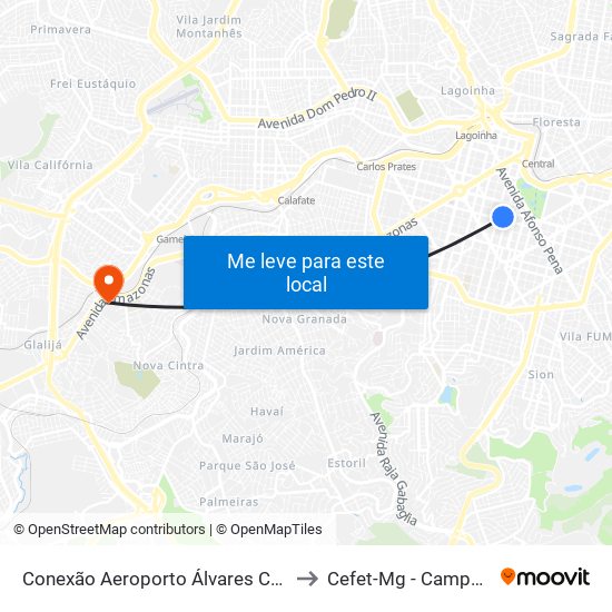 Conexão Aeroporto Álvares Cabral to Cefet-Mg - Campus II map