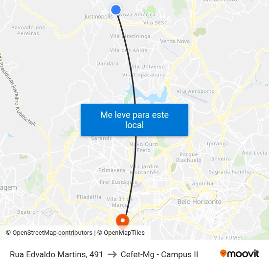 Rua Edvaldo Martins, 491 to Cefet-Mg - Campus II map