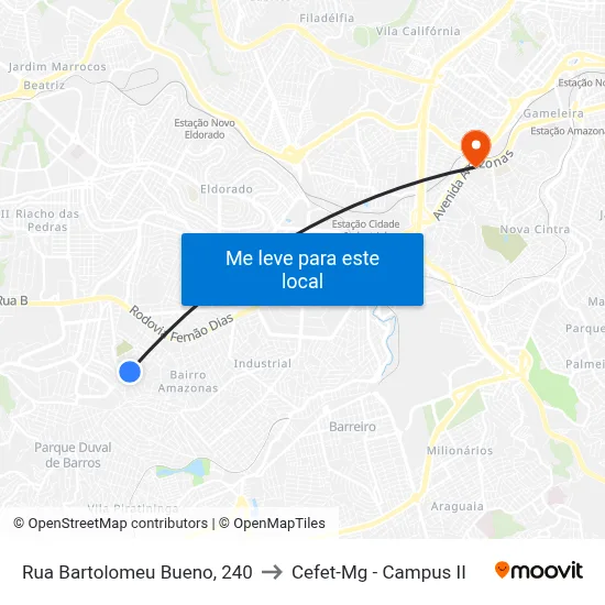 Rua Bartolomeu Bueno, 240 to Cefet-Mg - Campus II map