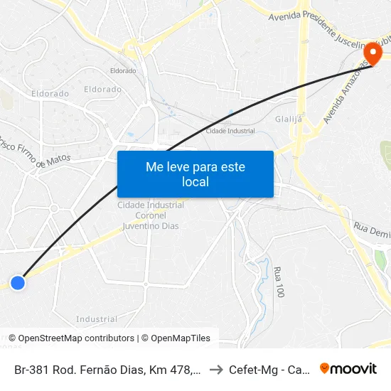 Br-381 Rod. Fernão Dias, Km 478,8 Norte, 1021 to Cefet-Mg - Campus II map