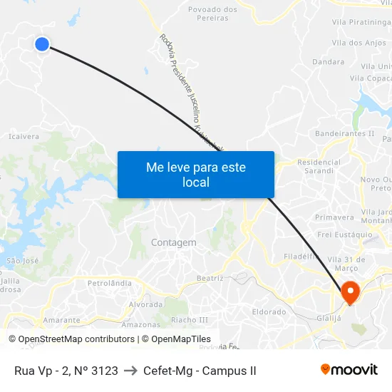 Rua Vp - 2, Nº 3123 to Cefet-Mg - Campus II map