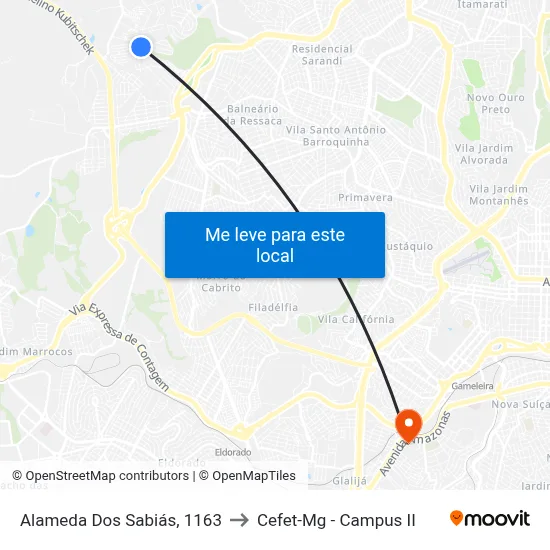 Alameda Dos Sabiás, 1163 to Cefet-Mg - Campus II map