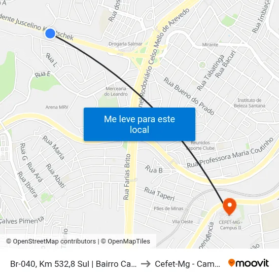 Br-040, Km 532,8 Sul | Bairro Califórnia to Cefet-Mg - Campus II map