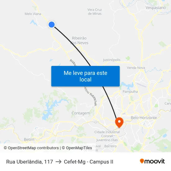 Rua Uberlândia, 117 to Cefet-Mg - Campus II map