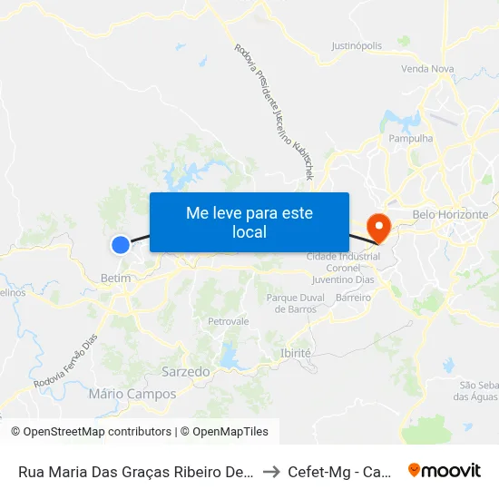 Rua Maria Das Graças Ribeiro De Jesus, 140 to Cefet-Mg - Campus II map