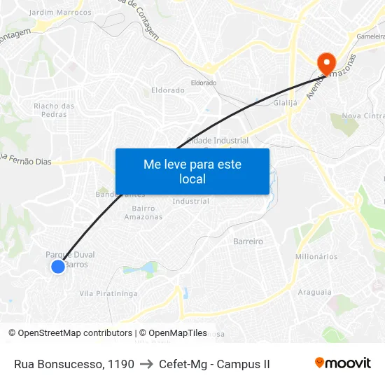 Rua Bonsucesso, 1190 to Cefet-Mg - Campus II map