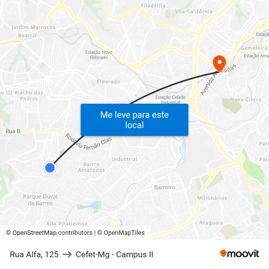 Rua Alfa, 125 to Cefet-Mg - Campus II map
