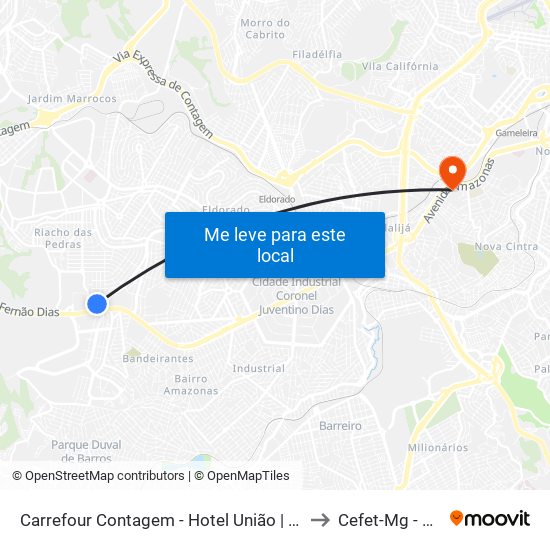 Carrefour Contagem - Hotel União | Só Ônibus Rodoviários to Cefet-Mg - Campus II map