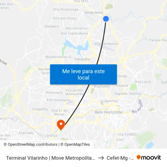 Terminal Vilarinho | Move Metropolitano - Setor Norte, Plataforma A1 to Cefet-Mg - Campus II map