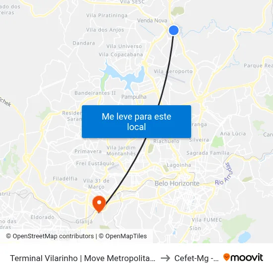 Terminal Vilarinho | Move Metropolitano - Setor Norte, Plataforma D3 to Cefet-Mg - Campus II map