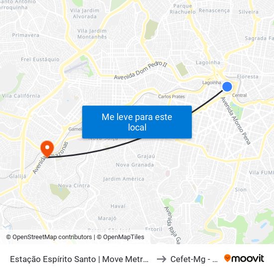 Estação Espírito Santo | Move Metropolitano - Plataforma 1b to Cefet-Mg - Campus II map