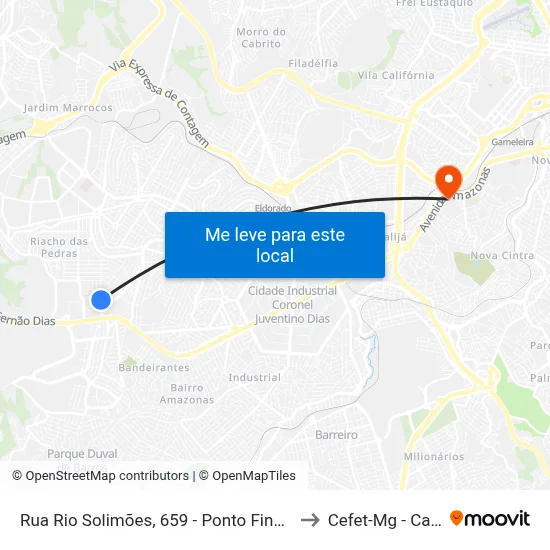 Rua Rio Solimões, 659 - Ponto Final Da Linha 1760 to Cefet-Mg - Campus II map