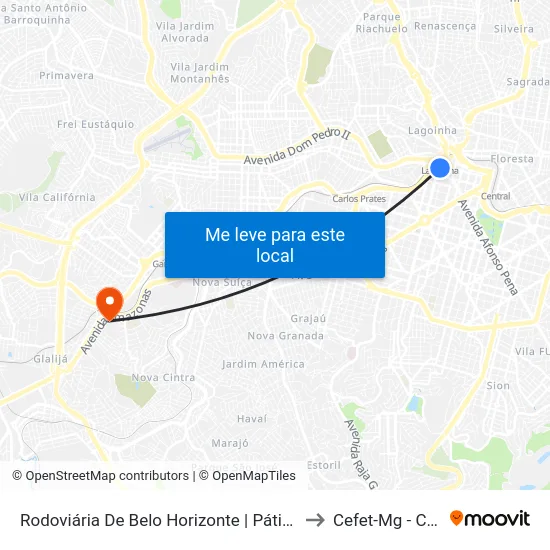 Rodoviária De Belo Horizonte | Pátio Externo - Ponto 3 to Cefet-Mg - Campus II map