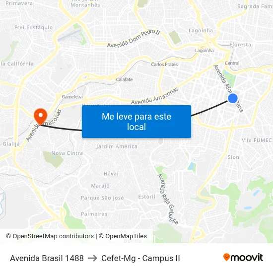 Avenida Brasil 1488 to Cefet-Mg - Campus II map