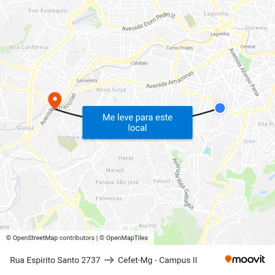 Rua Espirito Santo 2737 to Cefet-Mg - Campus II map