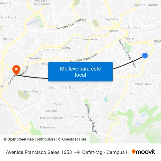 Avenida Francisco Sales 1653 to Cefet-Mg - Campus II map