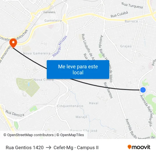 Rua Gentios 1420 to Cefet-Mg - Campus II map