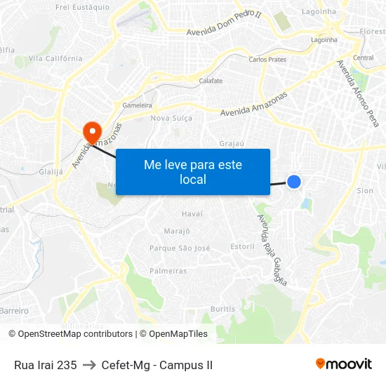 Rua Irai 235 to Cefet-Mg - Campus II map