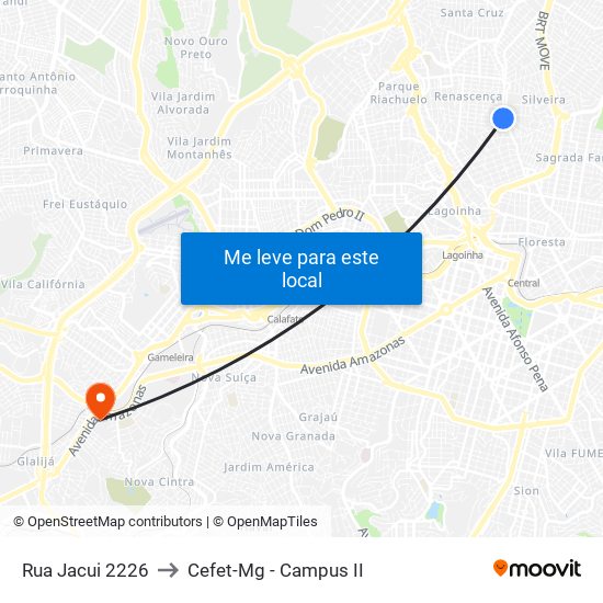 Rua Jacui 2226 to Cefet-Mg - Campus II map