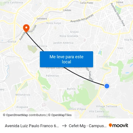 Avenida Luiz Paulo Franco 659 to Cefet-Mg - Campus II map