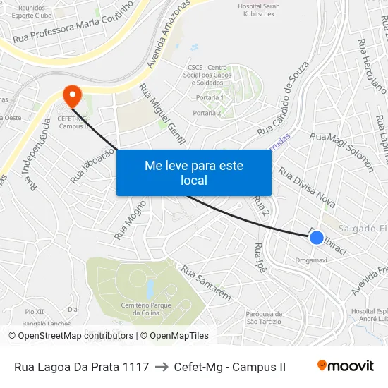Rua Lagoa Da Prata 1117 to Cefet-Mg - Campus II map