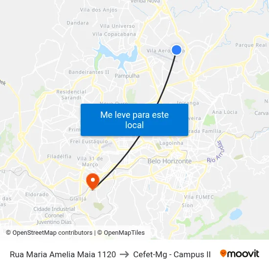 Rua Maria Amelia Maia 1120 to Cefet-Mg - Campus II map