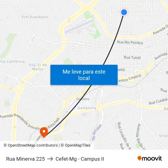 Rua Minerva 225 to Cefet-Mg - Campus II map