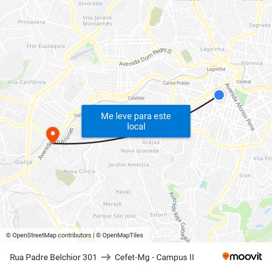 Rua Padre Belchior 301 to Cefet-Mg - Campus II map