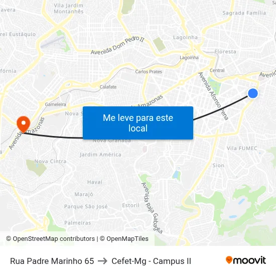 Rua Padre Marinho 65 to Cefet-Mg - Campus II map