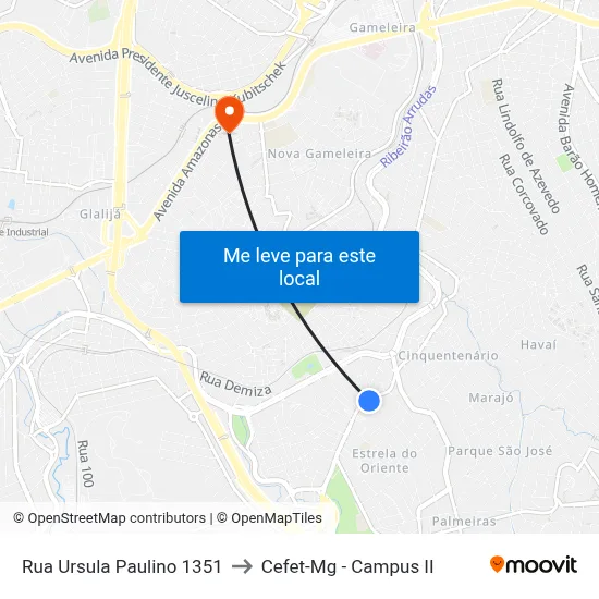 Rua Ursula Paulino 1351 to Cefet-Mg - Campus II map