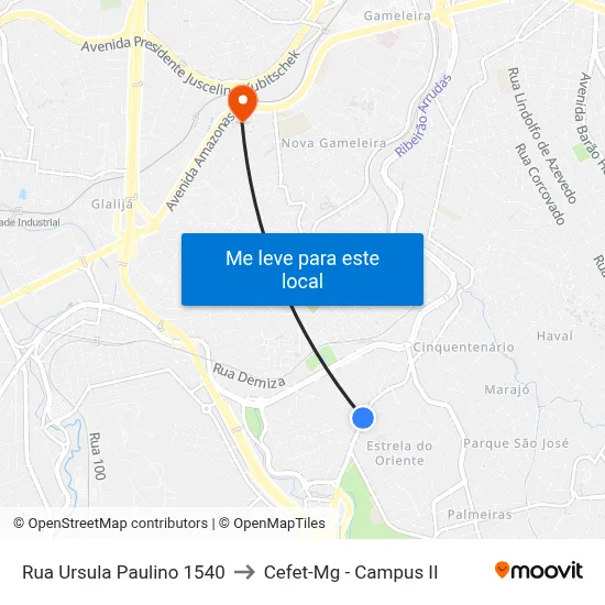 Rua Ursula Paulino 1540 to Cefet-Mg - Campus II map