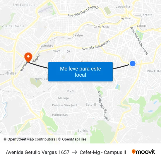 Avenida Getulio Vargas 1657 to Cefet-Mg - Campus II map