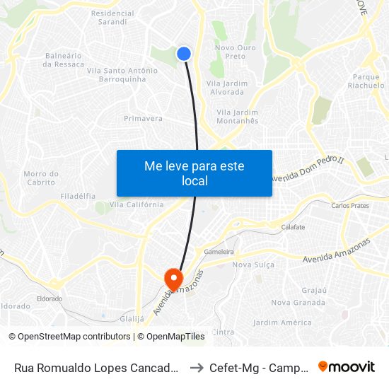 Rua Romualdo Lopes Cancado 819 to Cefet-Mg - Campus II map