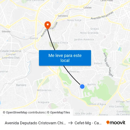 Avenida Deputado Cristovam Chiaradia 200 to Cefet-Mg - Campus II map