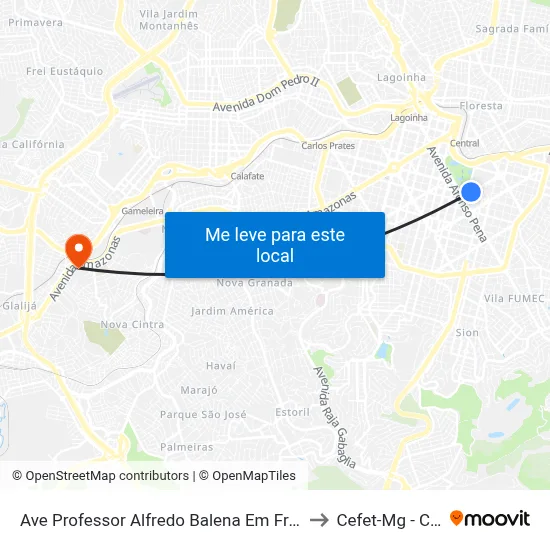 Ave Professor Alfredo Balena Em Frente Ao Numero 595 to Cefet-Mg - Campus II map