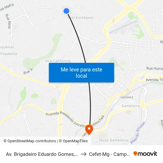 Av. Brigadeiro Eduardo Gomes, 1236 to Cefet-Mg - Campus II map