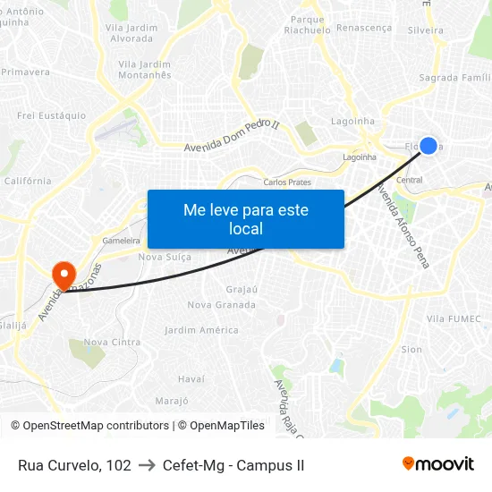 Rua Curvelo, 102 to Cefet-Mg - Campus II map