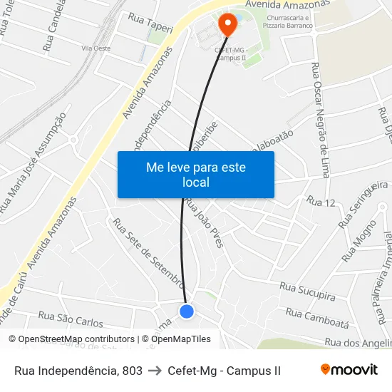 Rua Independência, 803 to Cefet-Mg - Campus II map