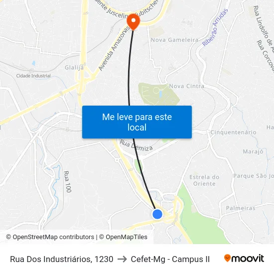 Rua Dos Industriários, 1230 to Cefet-Mg - Campus II map