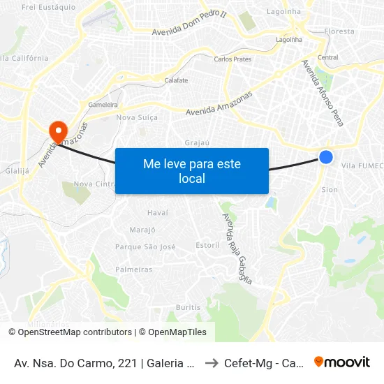 Av. Nsa. Do Carmo, 221 | Galeria Carmo Sion 2 to Cefet-Mg - Campus II map