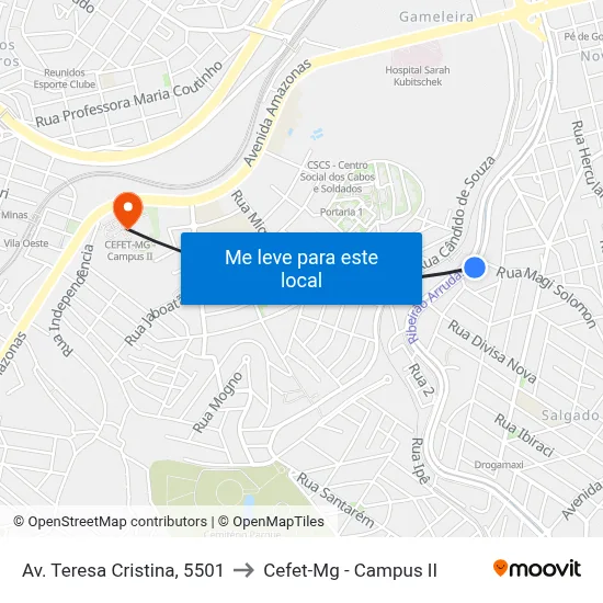 Av. Teresa Cristina, 5501 to Cefet-Mg - Campus II map