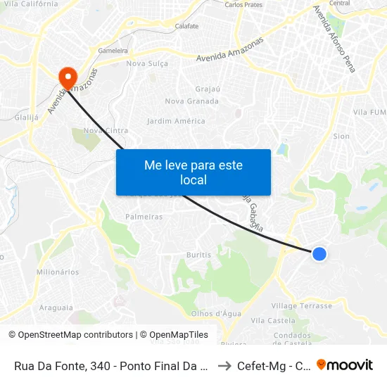Rua Da Fonte, 340 - Ponto Final Da Linha 4110 No Biocor to Cefet-Mg - Campus II map