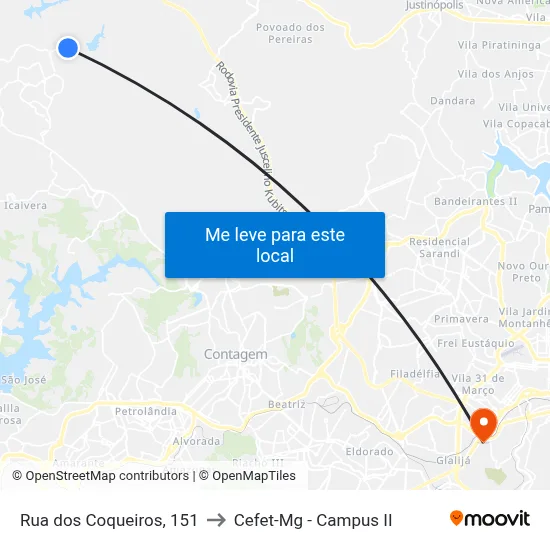 Rua dos Coqueiros, 151 to Cefet-Mg - Campus II map