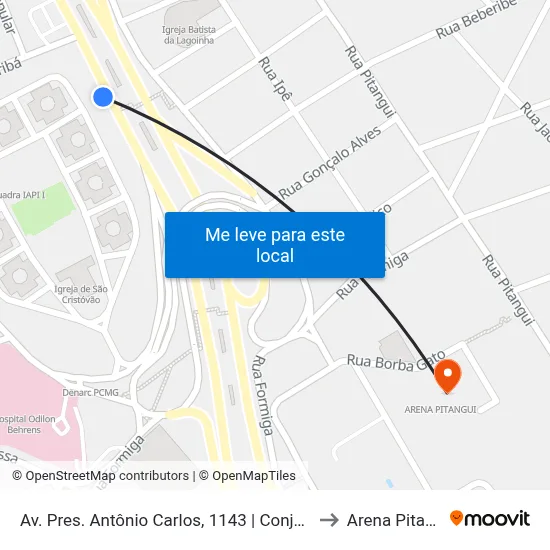 Av. Pres. Antônio Carlos, 1143 | Conjunto Iapi to Arena Pitangui map