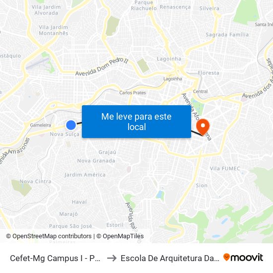 Cefet-Mg Campus I - Ponto 1 to Escola De Arquitetura Da Ufmg map