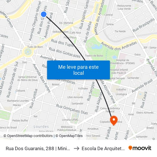 Rua Dos Guaranis, 288 | Ministério Da Saúde 3 to Escola De Arquitetura Da Ufmg map