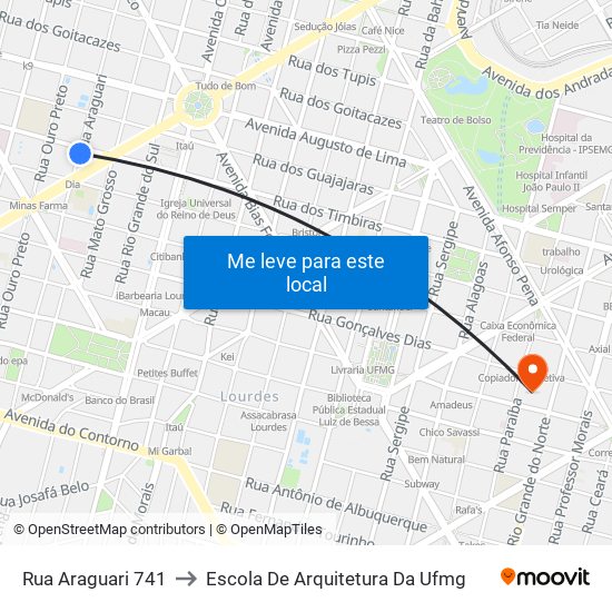 Rua Araguari 741 to Escola De Arquitetura Da Ufmg map